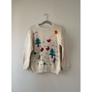 Vintage 80s Hand Knit Peruvian Folk Sweater With Embroidery and 3d‎ designs
